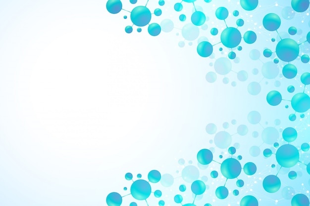 Vettore sfondo astratto molecole. dna, atomi. struttura molecolare con particelle sferiche blu. priorità bassa della molecola di concetto di innovazione medica, scienza e tecnologia. illustrazione