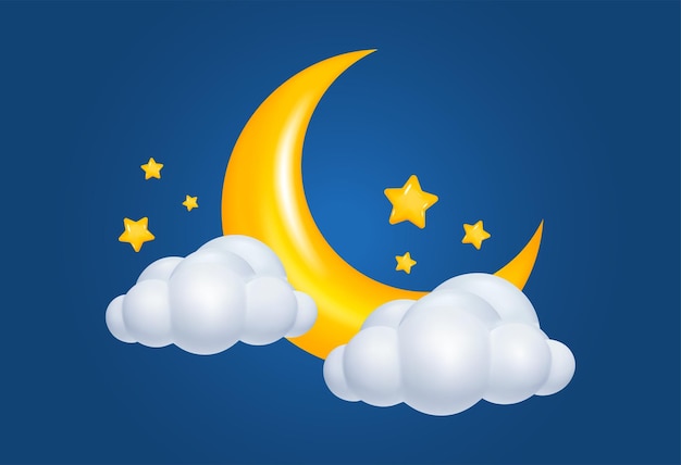 Abstract moon or crescent with stars and clouds Realistic 3d Vector illustration