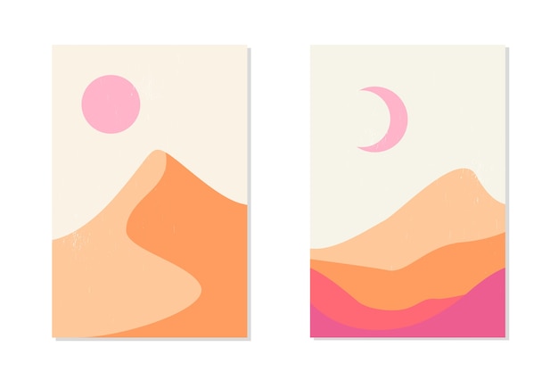 Abstract mountain landscape and desert with sand dune, sun and moon.