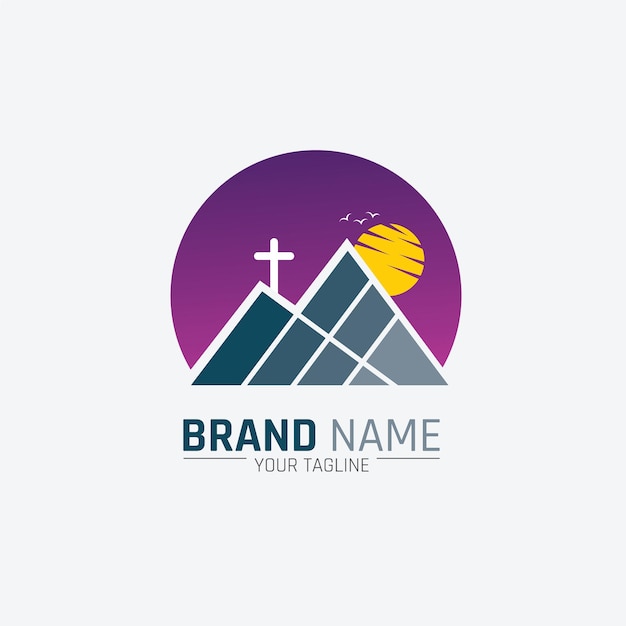 Abstract mountain logo with christian cross icon illustration.