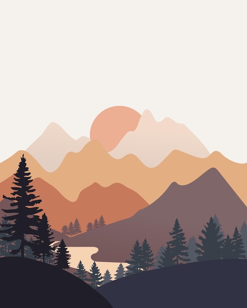 Abstract mountains vertical landscape with silhouette trees and river Vector Illustration