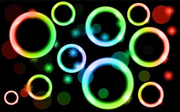 Abstract multicolored neon shiny bright glowing circles balls bubbles light spots with stars