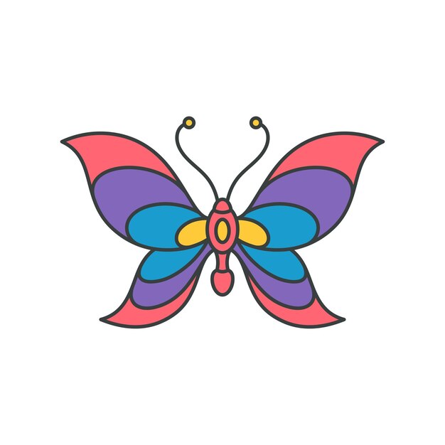 Абстрактная разноцветная летняя радужная полосатая бабочка с открытыми крыльями и антеннами в стиле поп-арт заводной вектор