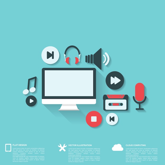 ベクトル フラットウェブアイコンを備えた抽象的な音楽背景