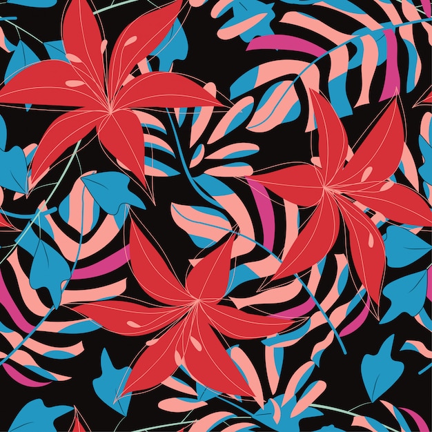 Abstract naadloos patroon met kleurrijke tropische bladeren en installaties op zwarte achtergrond