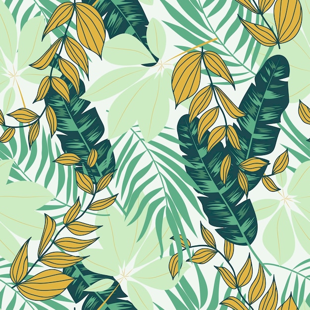 Abstract naadloos tropisch patroon met heldere planten en bladeren op een grijze achtergrond