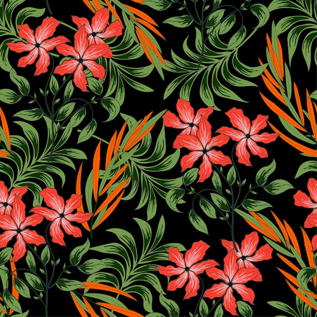 Abstract naadloos tropisch patroon met heldere planten en bloemen op een donkere achtergrond