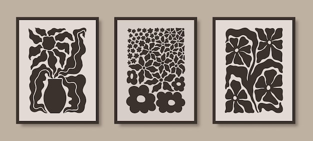 Vector abstract naive floral groovy posters set modern botanical prints in contemporary minimal style vecto