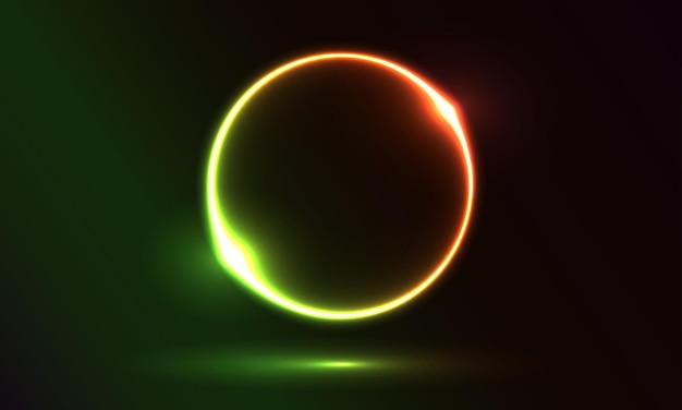 暗い背景に抽象的なネオン色の幾何学的な円、輝くヴィンテージまたは未来的なフレーム