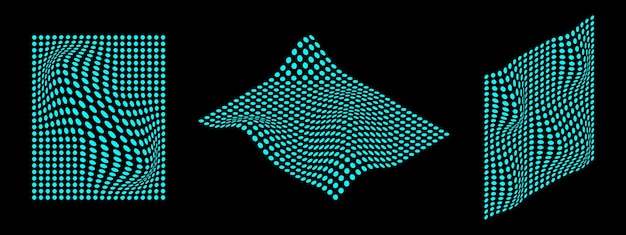 추상 네온 사이버 왜곡 및 볼록 워프 미래형 디지털 점선 모양 원근 개체의 벡터 그림