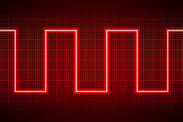 Абстрактная неоновая красная ломаная линия на темном цифровом экране осциллографа