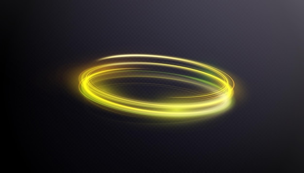 Anelli al neon astratti una scia luminosa di raggi luminosi che turbinano in un rapido movimento a spirale luce dorata