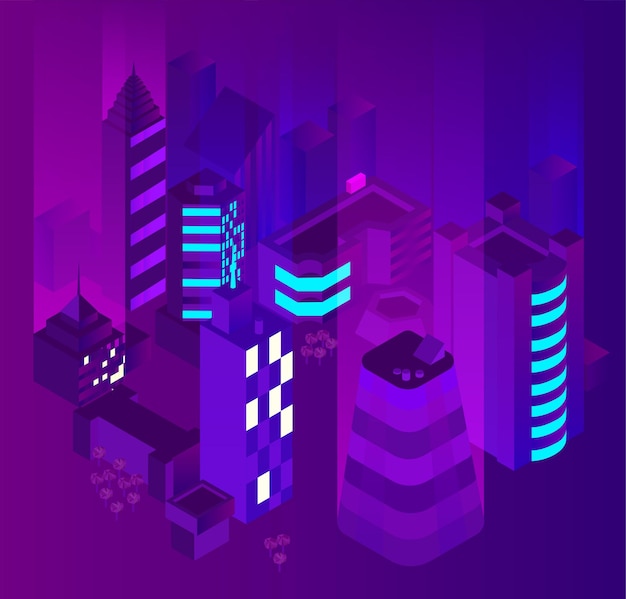 Vector abstract night purple cityscape background with buildings 3d vector isometric illustration