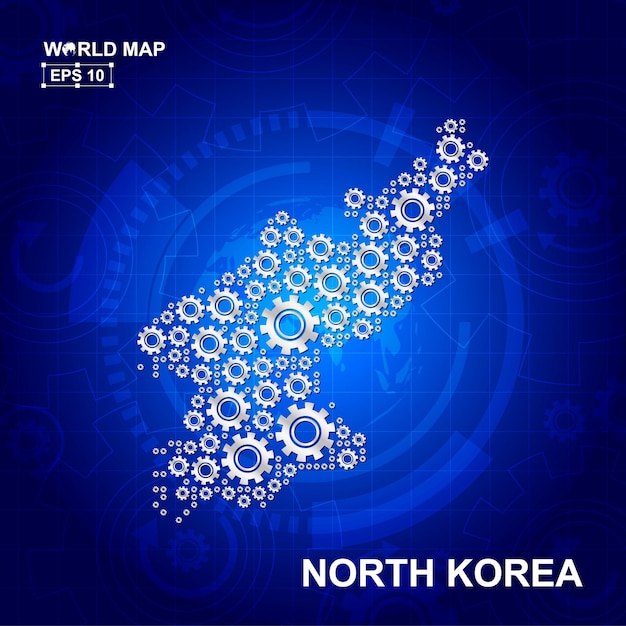 トランスミッションの歯車と歯車のアイコンの概念と北朝鮮の抽象的な地図のデザイン