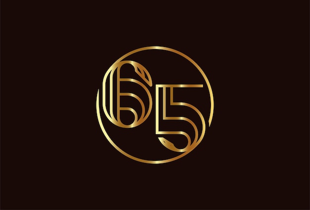 Logo astratto numero 65 oro, stile linea monogramma numero 65 all'interno del cerchio