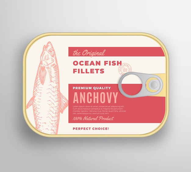 Vettore contenitore in alluminio con filetti di pesce astratto dell'oceano con coperchio per etichetta. confezione in scatola premium.