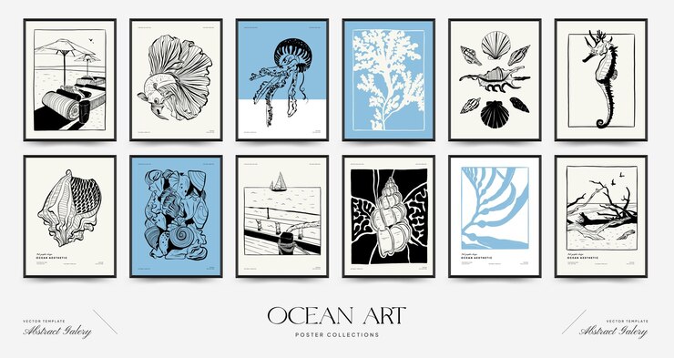 Vector abstract ocean and sea posters template modern sea botanical trendy black style vintage seaweed f