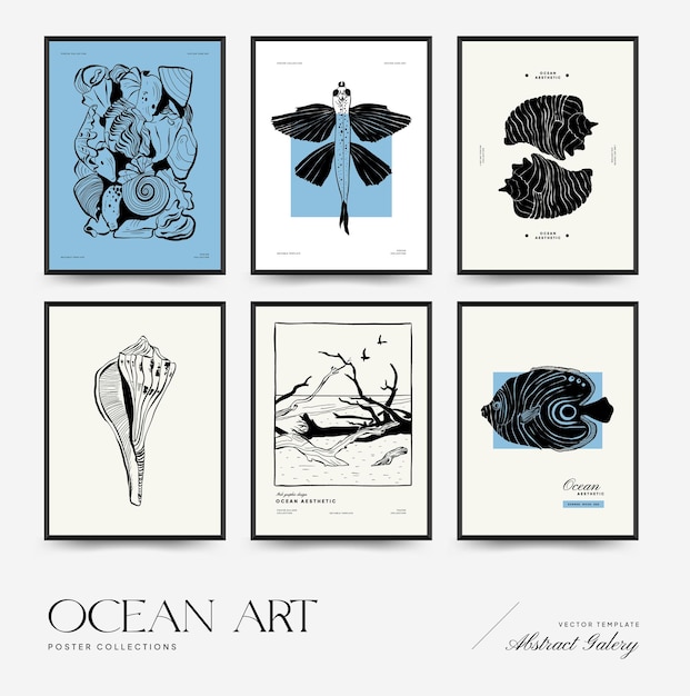 Abstract ocean and sea posters template Modern sea Botanical trendy black style Vintage seaweed f