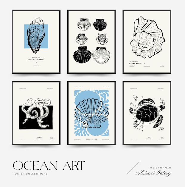 추상 바다와 바다 포스터 템플릿 현대 바다 식물 유행 블랙 스타일 빈티지 해 초 f