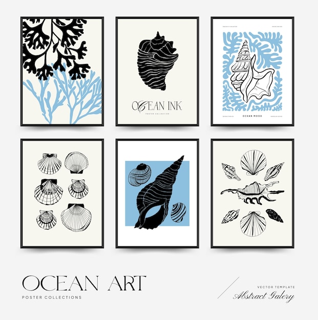 Vector abstract ocean and sea posters template modern sea botanical trendy black style vintage seaweed f