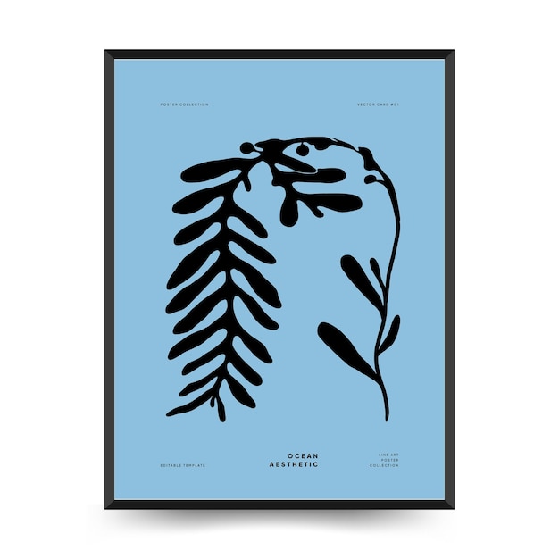 Abstract ocean and sea posters template. Modern sea Botanical trendy black style. Vintage seaweed