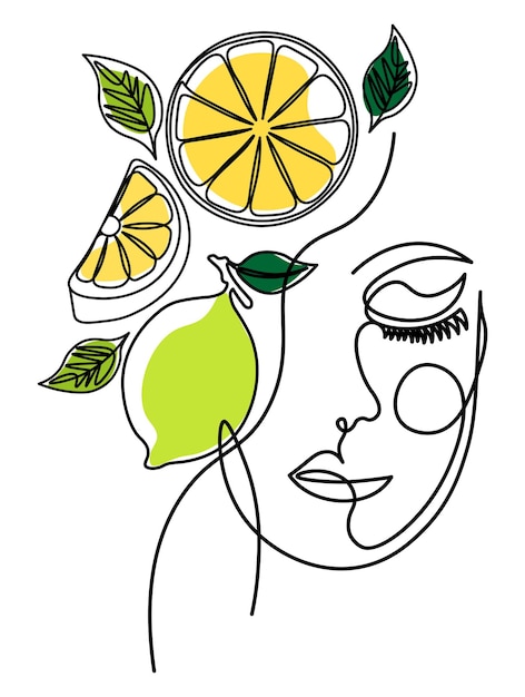 Abstract one line face with lemons and lime