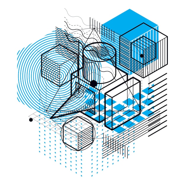 Abstract ontwerp met 3D-lineaire mesh-vormen en figuren, vector isometrische achtergrond. Kubussen, zeshoeken, vierkanten, rechthoeken en verschillende abstracte elementen.