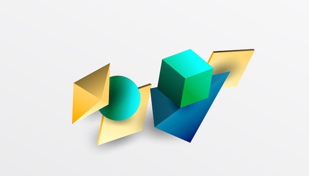 Abstract ontwerp met isometrische kubussen piramides vierkanten en bollen in een levendige 3D-layout Moderne en dynamische perfecte voor tech design of futuristische thema's