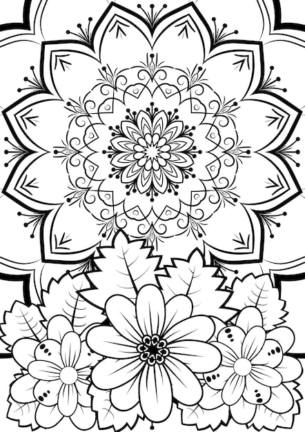 Abstract openwork mandala drawing surrounded by flowers contour vector drawing of mandala for