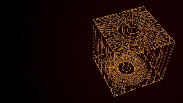 abstract orange scifi cube with particle and line vector technology network connection on world global digital connections ai wireframe cube blockchain encryption