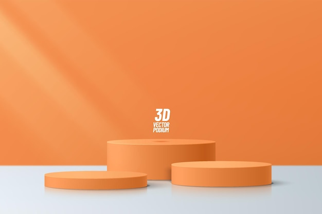 Vector abstract orange and white 3d room with set of realistic step orange cylinder pedestal podium display