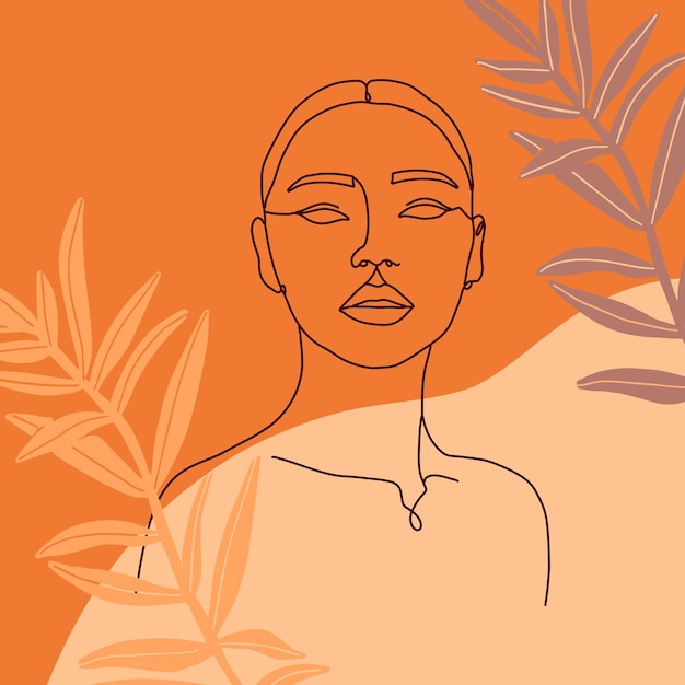 抽象的な概要 ファッション 女性の顔と熱帯植物 トレンディベクトル ラインアート トレンディ女性