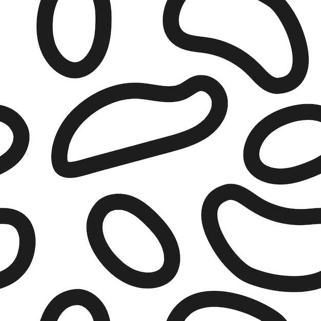 Vector abstract oval and round shape seamless pattern, black and white outline texture, hand-drawn