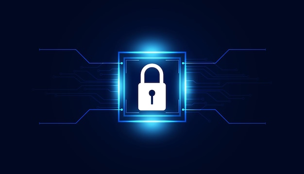 Concetto di scheda a circuito digitale con lucchetto astratto protezione da furto informatico sicurezza informatica su uno sfondo blu moderno