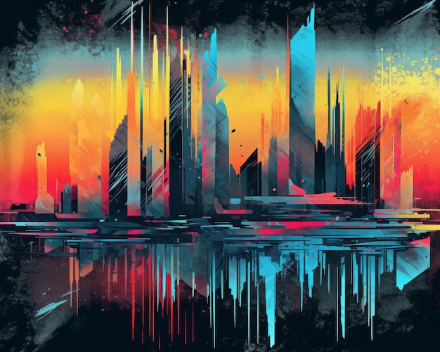 An abstract painting of a city at sunset