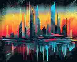 Vector an abstract painting of a city at sunset