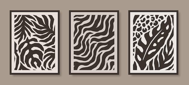 Вектор Абстрактные плакаты с пальмовыми листьями и полосами зебры, современный ботанический печатный вектор