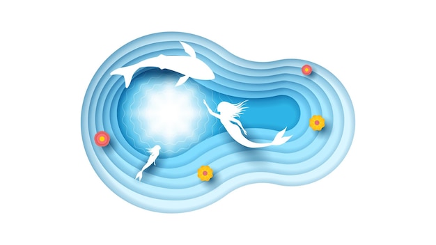 抽象的な紙カット魚人魚は花と太陽と水の上を泳ぐ白い背景ベクトル デザイン
