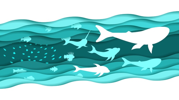 抽象的な紙カット魚が泳ぐ水白背景ベクトル デザイン スタイル