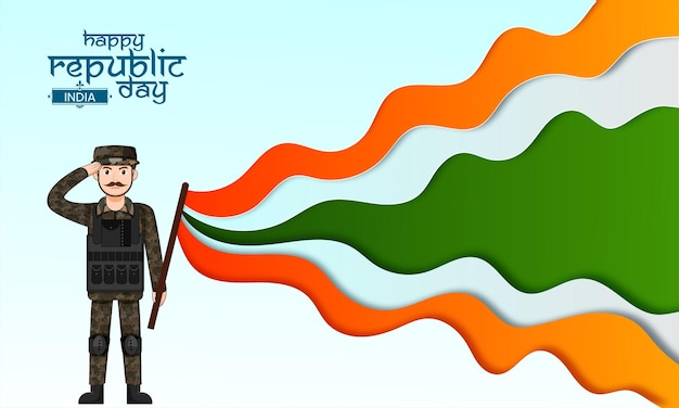 Abstract paper cut tricolor background with A man of Indian Army Vector Illustration