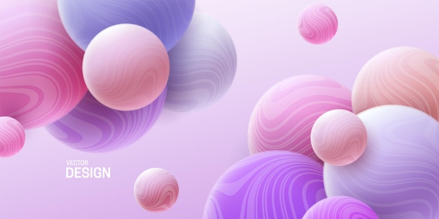 Abstract pastel background with 3d pink and purple marbled spheres