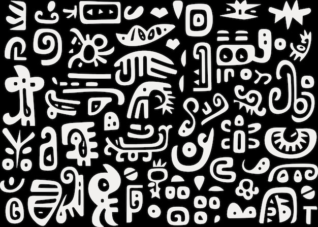 さまざまな形や記号を持つ黒と白の抽象的なパターンフロコロンビアのテーマフリーフォーム