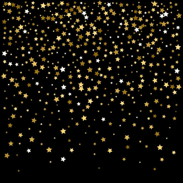 Abstract pattern of random falling gold stars on black background Glitter pattern for banner greeting card Christmas and New Year card invitation postcard paper packaging Vector illustration