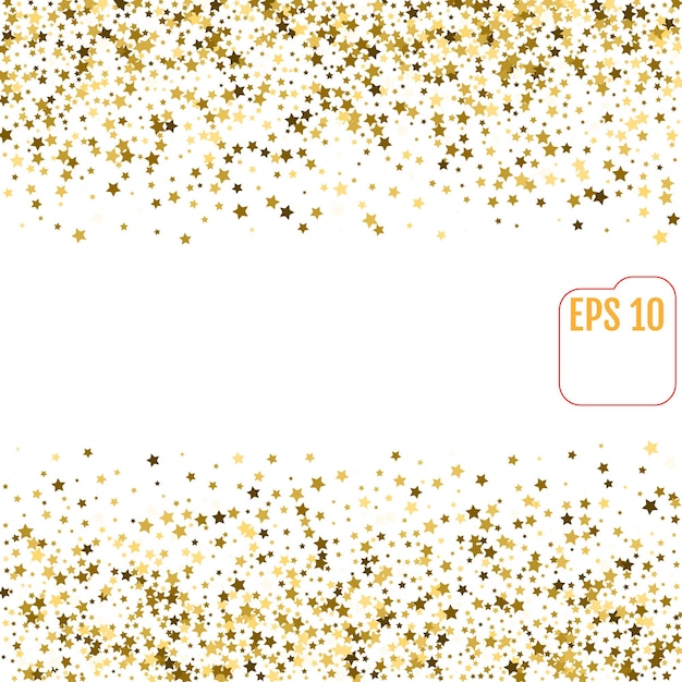 Abstract pattern of random falling gold stars on white background Glitter template for banner greeting card Christmas and New Year card invitation postcard paper packaging Vector illustration