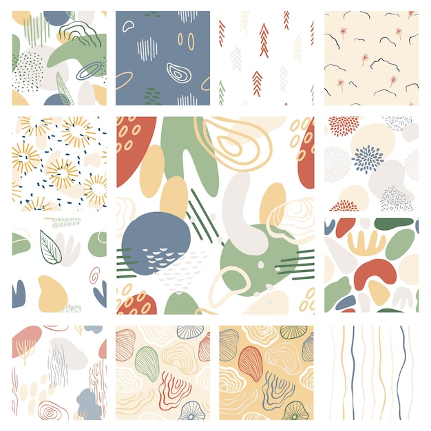 Abstract pattern set with organic shapes in pastel colors blue,green. Organic background with spots, stripes. Collage seamless pattern with nature texture. Modern textile, wrapping paper, wall art.