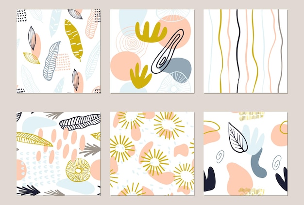 Abstract pattern set with organic shapes in pastel colors yellow, pink. Organic background with spots, stripes. Collage seamless pattern with nature texture. Modern textile, wrapping paper, wall art.