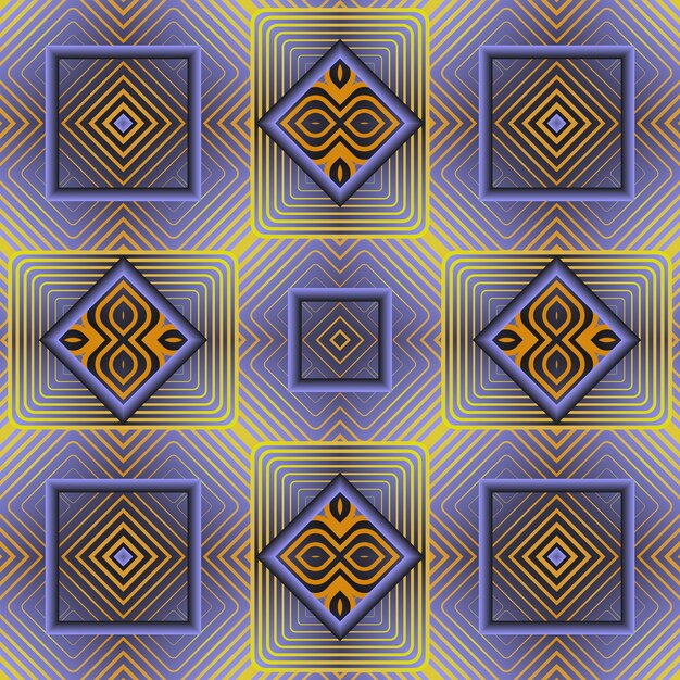 Abstract pattern with a blue and yellow squares and rhombuses.