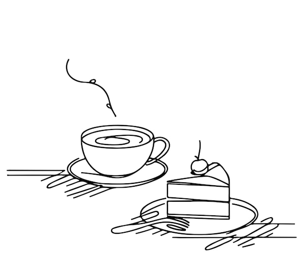 Pace astratta di torta e tazza come linee continue disegnate su sfondo bianco vettore