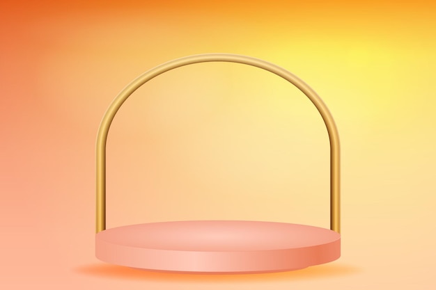 Abstract peach color podium with golden rainbow on a yellow  orange background Podium stageVector