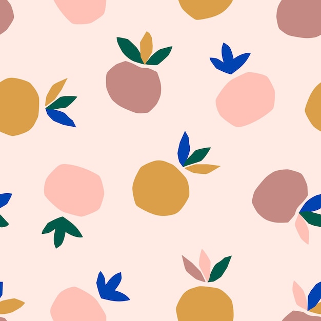 トレンディなミニマリストスタイルの葉と抽象的な桃のシームレスなパターン。生地、カバーデザイン、はがきに印刷するための紙のカット片で作られた果物からのベクトルコラージュの背景